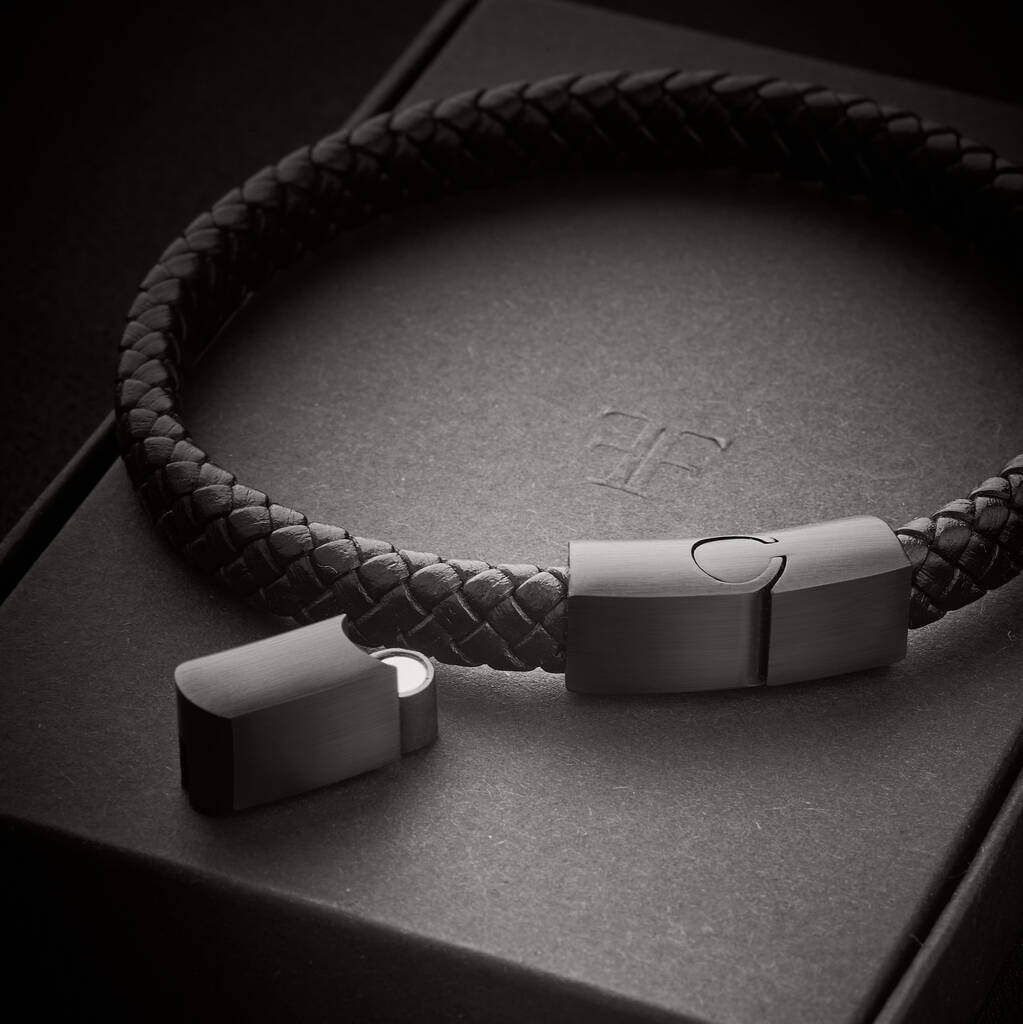 thumbnail image 2 of Men's Engraved Leather Bracelet With Initial Clasp - "Love You Forever" Message & Flag Design 2 of 12