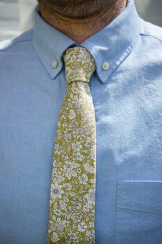 Mens Lime Yellow And White Floral Slim Style Tie, 8 of 11
