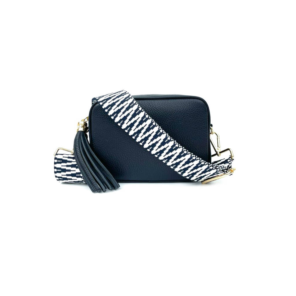 Navy Leather Bag With Navy And White Zigzag Strap By Apatchy