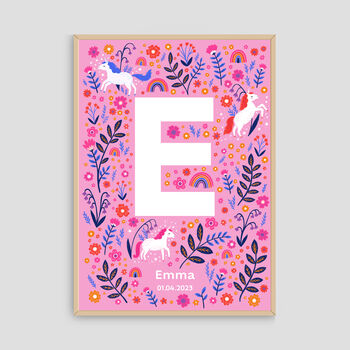 Personalised Unicorn Name Print, Girls A Z Alphabet Art, 4 of 12