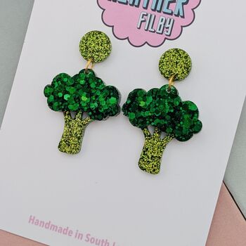 Small Broccoli Green Glitter Resin Earrings, 4 of 5