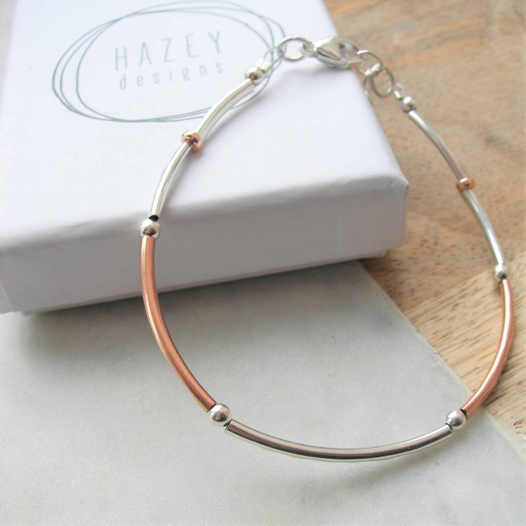 skinny sterling silver and rolled rose gold bracelet by hazey designs | notonthehighstreet.com