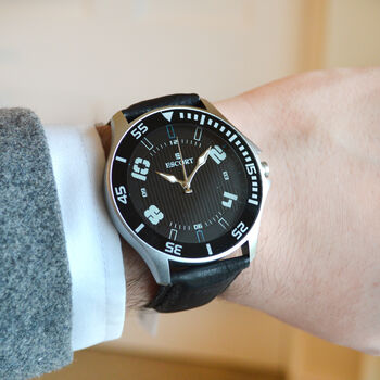 Engraved Sleek Design Wrist Watch With Black Detailing, 2 of 3