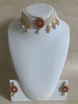 Red And White Gold Plated Kundan Pearl Indian Set, 2 of 7