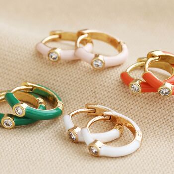 Enamel Crystal Huggie Earrings In Gold Plating, 2 of 12