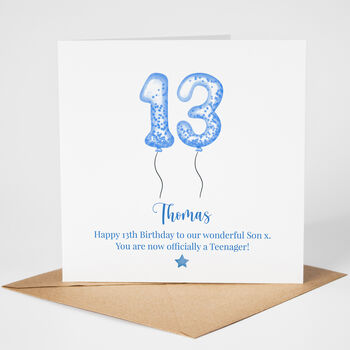 Personalised Blue Balloon 13th Birthday Card, 2 of 4