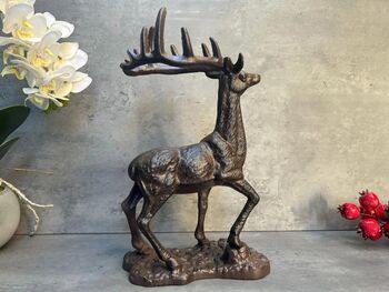 33cm Heavy Cast Iron Deer Figurine Standing Stag On Plinth, 6 of 9