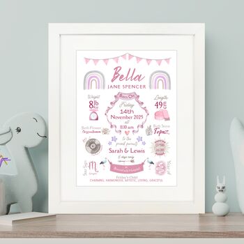 Personalised New Baby Print Birth Keepsake For Nursery Decor, 2 of 11