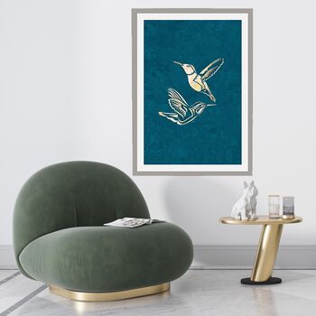 Two Turquoise Gold Hummingbird Wall Art Prints, 4 of 5
