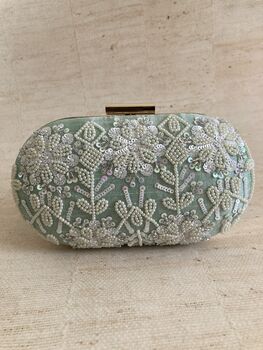 Mint Green Raw Silk Oval Pearl Clutch Bag, 6 of 8