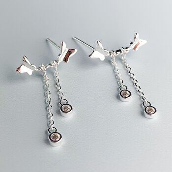 Sterling Silver Butterfly Chain Dangle Stud Earrings, 2 of 5