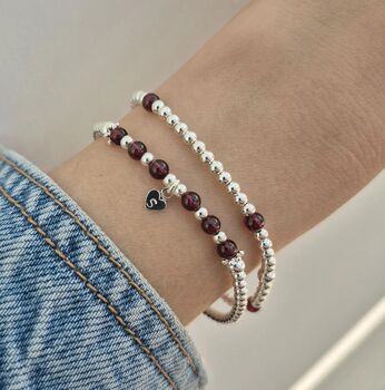 Sterling Silver January Garnet Personalised Heart Bracelet Set Of Two Stacking Bracelets: January Birthstone Stacking Jewellery, 5 of 6