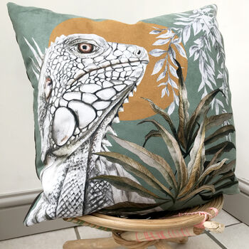 Sage Green Cushion With Reptile Illustration 'Bask', 4 of 6
