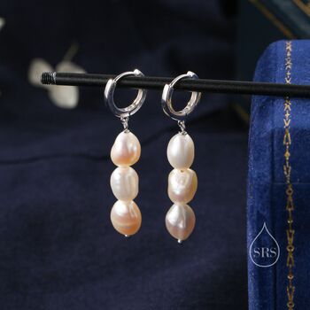 Sterling Silver Genuine Baroque Pearl Trio Huggie Hoop Earrings, 7 of 12