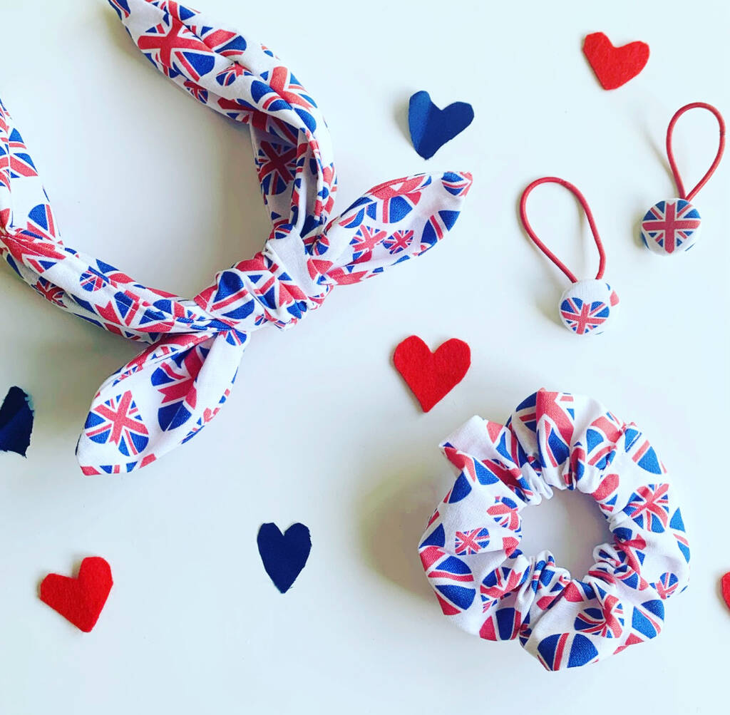 Jubilee White Union Jack Hairband And Scrunchie Set By Little Sewing