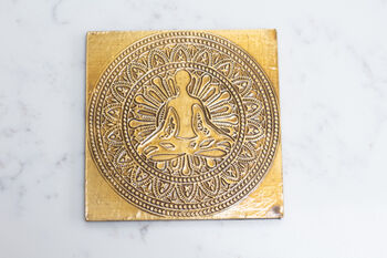 Yoga Themed Coaster Set, Wood And Brass, 9 of 12