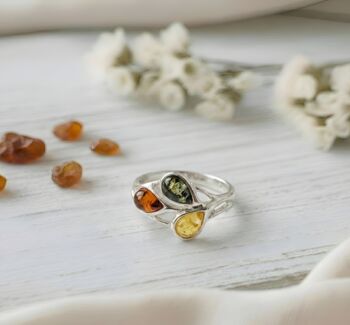Handmade Tricolour Amber And Sterling Silver Teardrop Ring, 4 of 4
