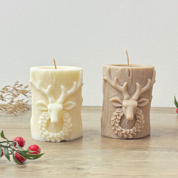 Beige Stag Christmas Pillar Candle Christmas Reindeer Decor, 6 of 10