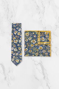 Wedding 100% Cotton Floral Print Tie In Blue And Yellow, 8 of 9