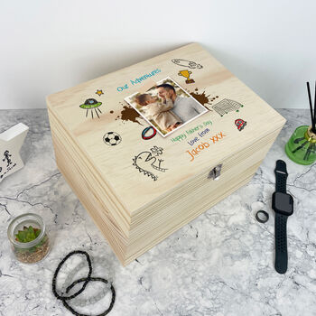 Personalised 'Our Adventures' Kids Doodles Pine Memory Box Five Sizes 16cm | 20cm | 26cm | 30cm | 36cm, 2 of 9