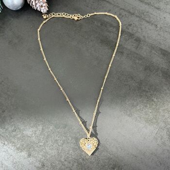 Gold Tone Embossed Heart Necklace, 2 of 3
