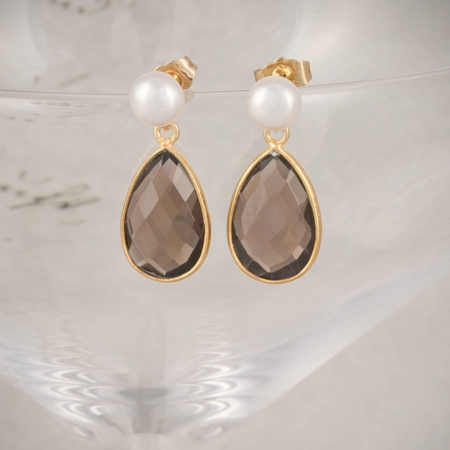Freshwater Pearl And Gold Smoky Quartz Drop Earrings By Baronessa Freshwater Pearl And Gold Smoky Quartz Drop Earrings