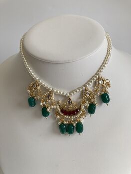 Alia 18 K Gold Plated Emerald And Red Pearl Set, 3 of 5