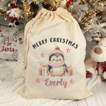 Personalised Penguin Large Christmas Cotton Santa Gift Sack, 3 of 3