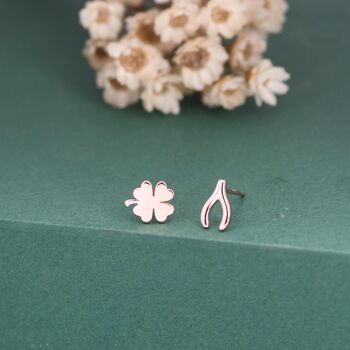 Mismatched Wishbone And Clover Leaf Stud Earrings In Sterling Silver, 4 of 12