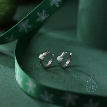 Sterling Silver Delicate Opal Huggie Hoop Earrings, 2 of 11