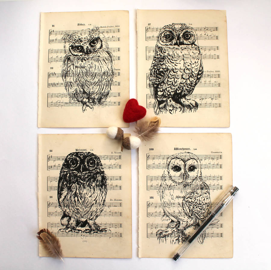 owl screen print on vintage sheet music by feltmeupdesigns