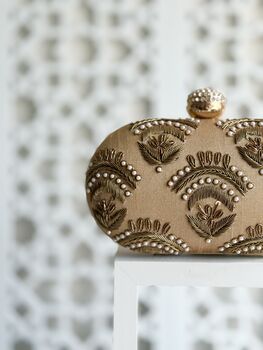 Valeria Gold Embroidered Embellished Oval Clutch Bag, 6 of 8