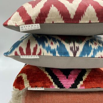 Square Ikat Silk Cushion Red Zigzag, 4 of 8