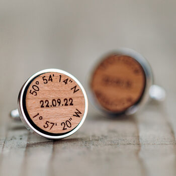 Personalised Names, Date And Coordinates Wood Cufflinks, 4 of 6