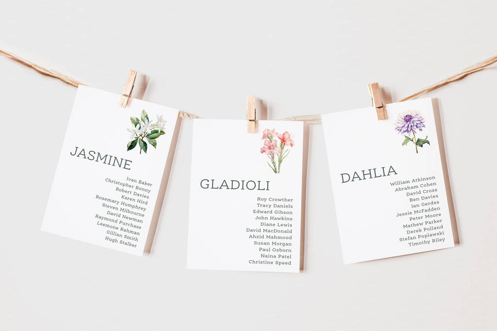 Flower Themed Wedding Table Plan Cards, 1 of 8