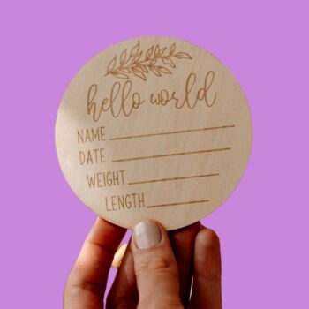 Wooden Baby Announcement Hello World Name Engraved Sign, 3 of 8