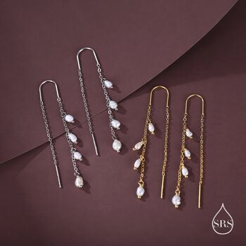 Sterling Silver Genuine Fresh Water Pearl Cascade U Shape Threader Earrings, 7 of 10