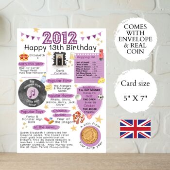 13th Birthday Card With 2012 Coin And Envelope Choose Your Colour, 3 of 3