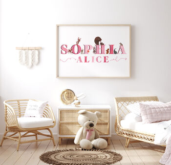 Personalised Pink Woodland Animal Name Print, 2 of 6