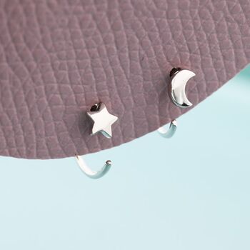 Moon And Star Huggie Hoop Earrings Sterling Silver, 4 of 11