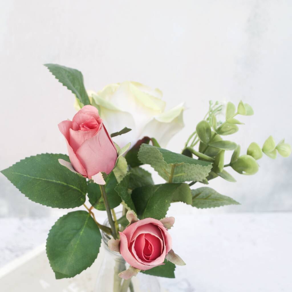 Faux Rose Bouquet In Milk Bottle Vase By Abigail Bryans Designs