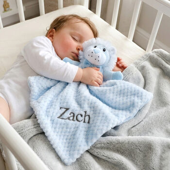Personalised Blue Sherpa Blanket And Lion Comforter Set, 3 of 8