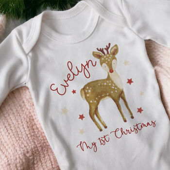 My First Christmas Hand Drawn Reindeer Baby Outfit, 3 of 6