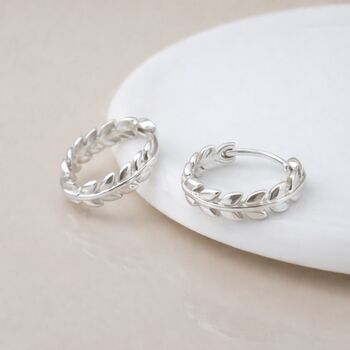 Sterling Silver Leaf Vine Huggie Hoop Earrings – 10mm, 2 of 3