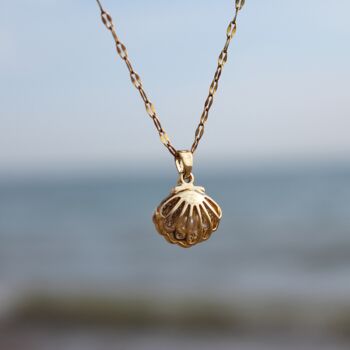 Summer Golden Seashell Pendant With Captured Pearl Necklace, 2 of 6