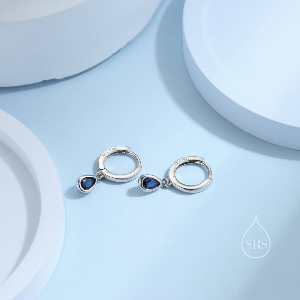 Tiny Sapphire Blue Droplet Cz Huggie Hoop Earrings By Silver Rain Silver