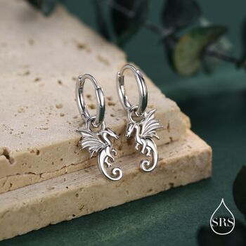 Sterling Silver Flying Dragon Huggie Hoop Earrings, 2 of 11