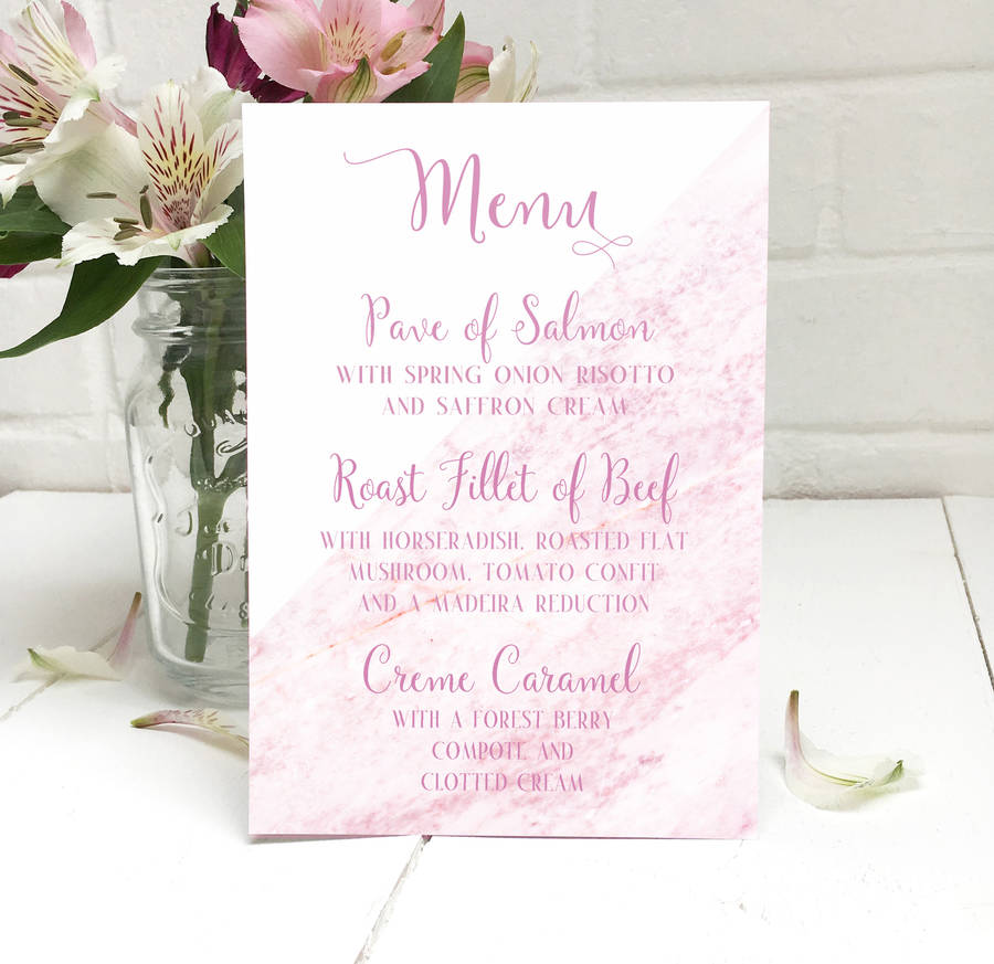 marble effect wedding breakfast menu card by peardrop avenue