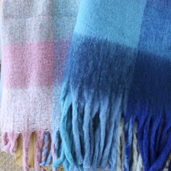 Women's Chunky Wool Pink Blue Check Long Scarf Gift Box, 3 of 4