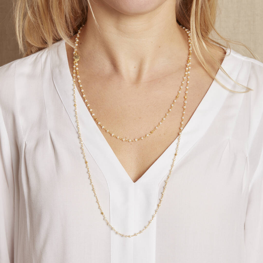 Gold Plated Pearl Rosary Long Necklace By Rochejewels ...
